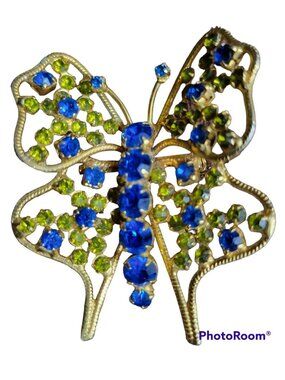 Filigtee Butterfly Brooch Pin Goldtone Brilliant Blue Citrine Rhinestones Vtg